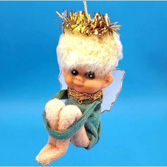 Vintage 1950s Napco Pixie Angel Knee Hugger Ornament Japan Green Felt Gold Halo - Picture 2 of 10